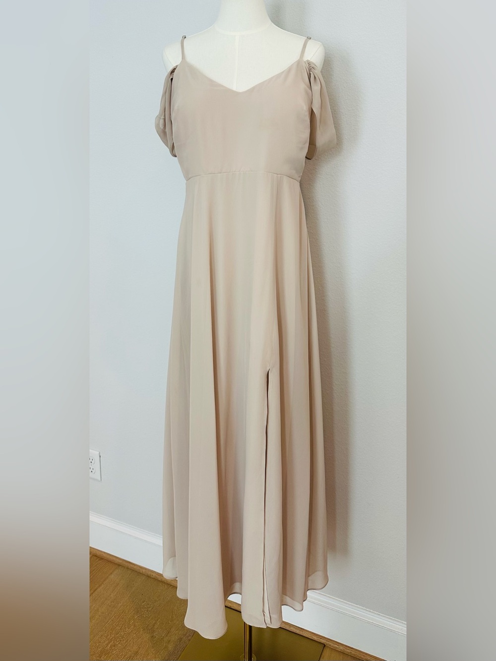 Birdy Grey Beige Cold-Shoulder Maxi Dress with Front Slit